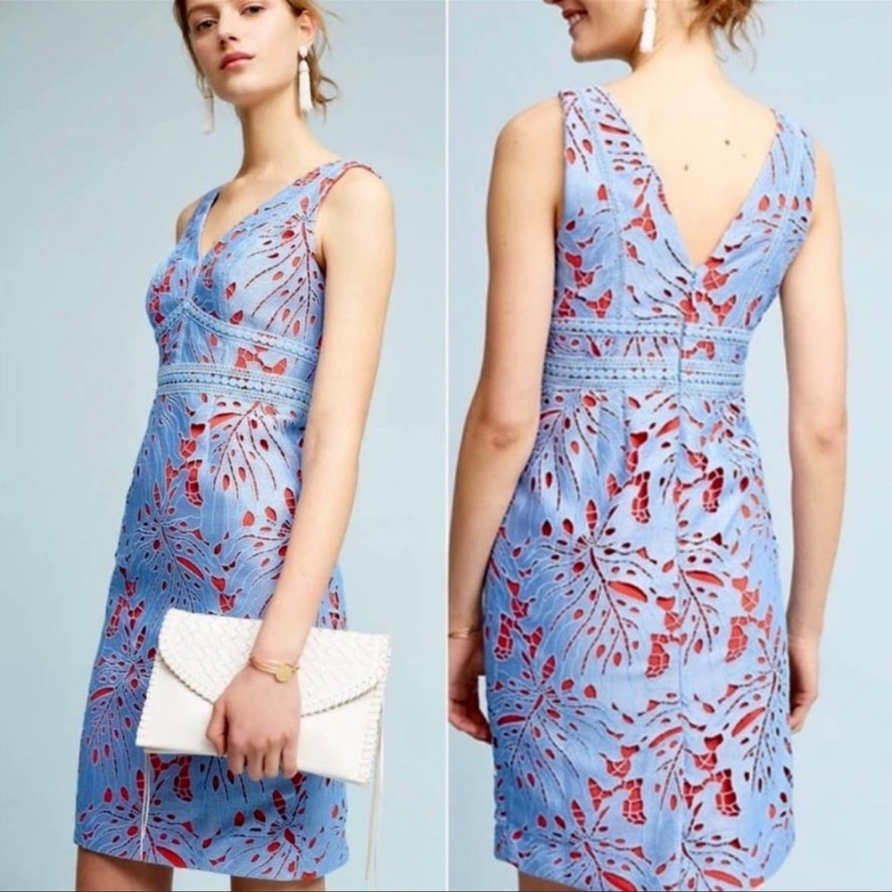 NWT Anthropologie Maeve Blue Coral Red Eyelet Dress. rare HTF size 8